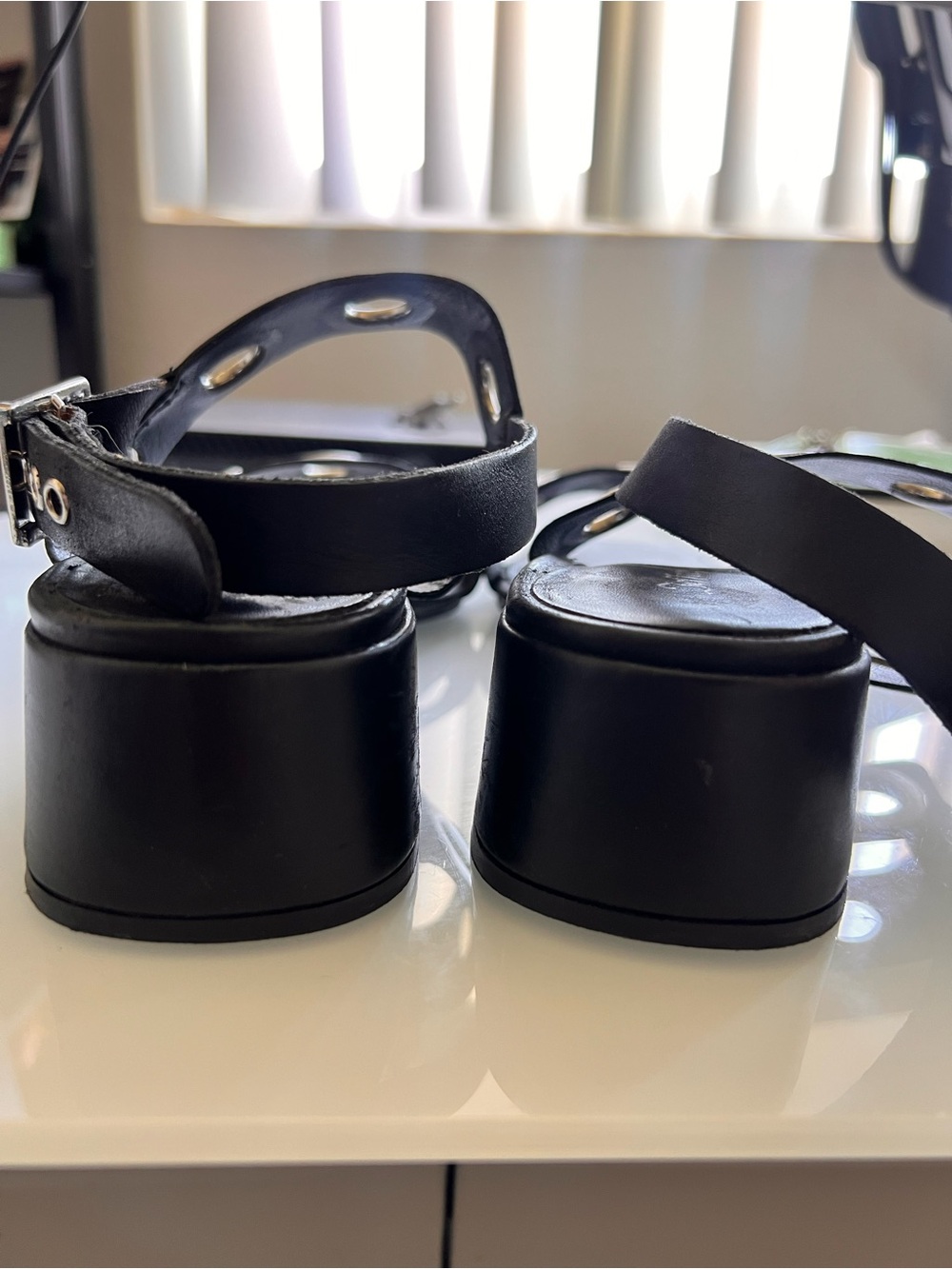 Jeffrey Campbell Black Leather Grommet Sandals with Mixed Metal Rings - Picture 3 of 4